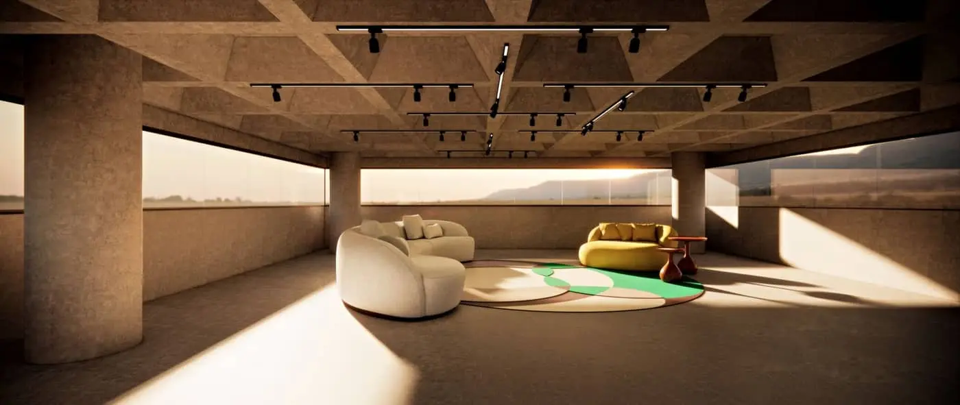 Tapete Malaquita Bruta em ambiente de arquitetura contemporânea com vista para o cerrado